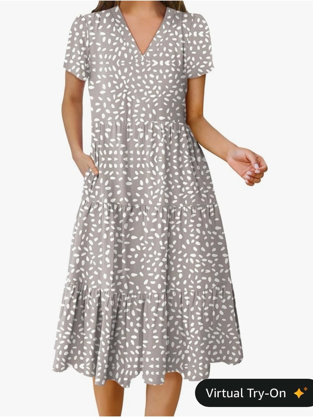 V-Neck Tiered Midi Dress in Light Gray with White Print